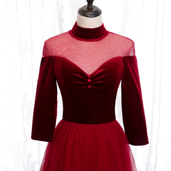 Elegant Red Evening Dresses  2020 A-Line / Princess High Neck Suede 3/4 Sleeve Backless Floor-Length / Long Formal Dresses
