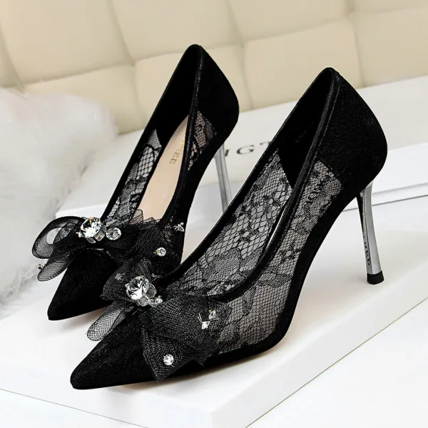 Charming Ivory Lace Wedding Shoes 2020 Bow Rhinestone 8 cm Stiletto Heels Pointed Toe Wedding Pumps