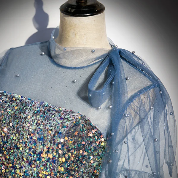 Fabuleux Océan Bleu Perlage Paillettes Robe De Bal 2021 Princesse Col Haut Manches Courtes Dos Nu Perle Longue Robe De Ceremonie