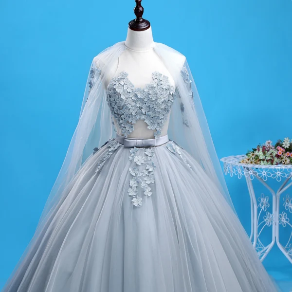 Schöne Grau Ballkleider 2018 Ballkleid Applikationen Perle Schleife Rundhalsausschnitt Rückenfreies Ärmellos Watteau-falte Festliche Kleider