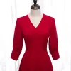 Modest / Simple Solid Color Red Evening Dresses  2020 A-Line / Princess V-Neck 3/4 Sleeve Floor-Length / Long Formal Dresses