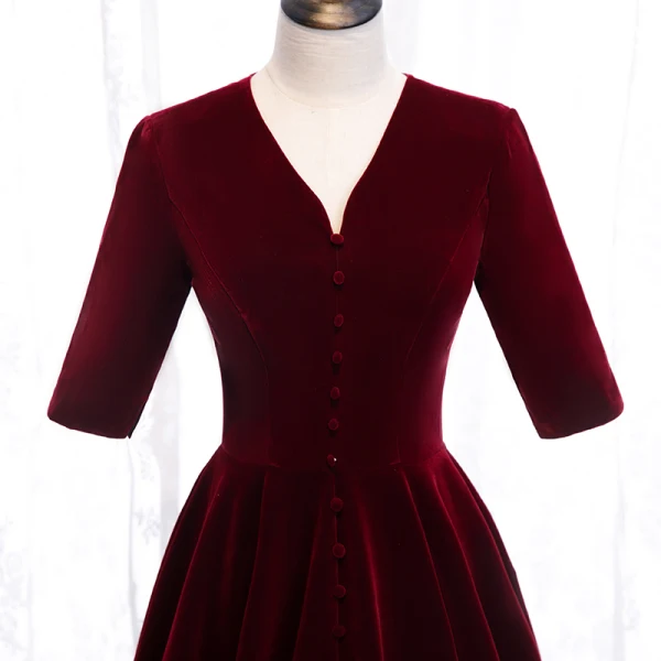 Modest / Simple Burgundy Evening Dresses  2020 A-Line / Princess V-Neck Suede 1/2 Sleeves Floor-Length / Long Formal Dresses