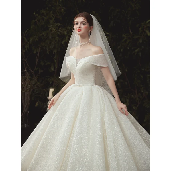 High End Ivory / Creme Glanz Brautkleider / Hochzeitskleider 2020 Ballkleid Off Shoulder Pailletten Kurze Ärmel Rückenfreies Kathedrale Schleppe