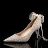 Charmant Or Rose Chaussure De Mariée 2020 Cuir Noeud Faux Diamant 8 cm Talons Aiguilles À Bout Pointu Mariage Escarpins