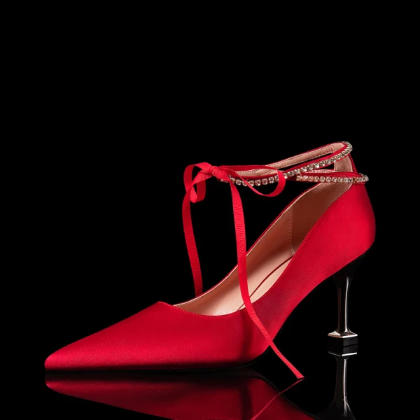 Elegant Champagne Wedding Shoes 2020 Satin Rhinestone Bow 7 cm Stiletto Heels Pointed Toe Wedding Pumps