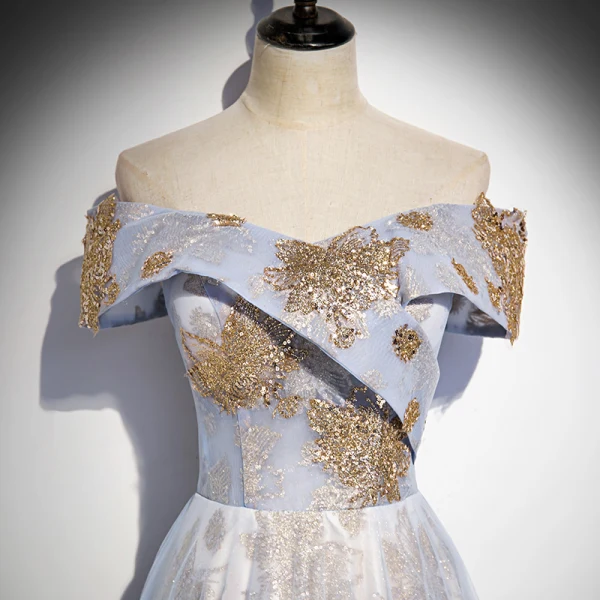 Élégant Bleu Ciel Glitter Paillettes Robe De Bal 2021 Princesse De l'épaule Manches Courtes Dos Nu Longue Robe De Ceremonie