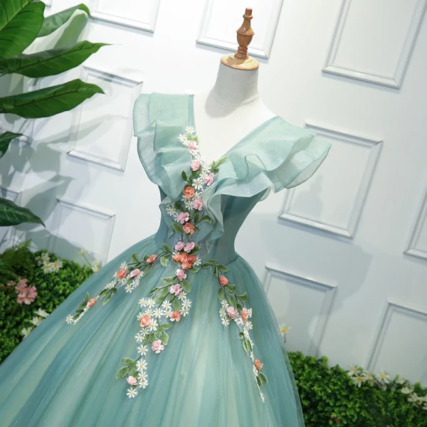 Flower Fairy Green Prom Dresses 2018 Ball Gown Appliques V-Neck Backless Sleeveless Floor-Length / Long Formal Dresses