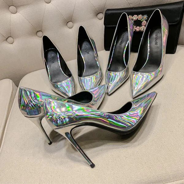 Mode Silver Laser Afton Pumps 2020 Lackläder 10 cm Stilettklackar Spetsiga Pumps
