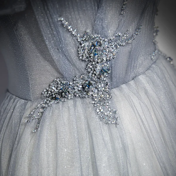 Elegant Grey Rhinestone Prom Dresses 2021 A-Line / Princess Spaghetti Straps Sleeveless Backless Floor-Length / Long Formal Dresses