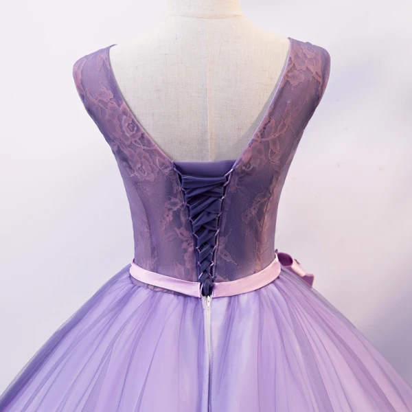 Flower Fairy Fairytale Lavender Quinceañera Prom Dresses 2020 Ball Gown Scoop Neck Appliques Pearl Rhinestone Bow Lace Flower Sleeveless Backless Floor-Length / Long Formal Dresses
