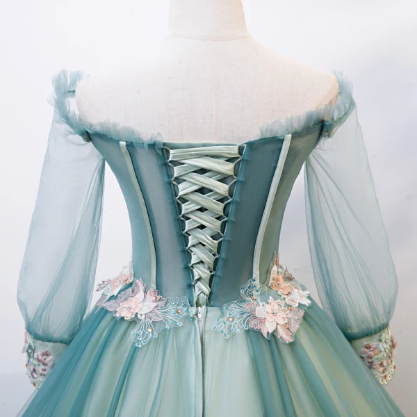 Flower Fairy Jade Green Fairytale Prom Dresses 2020 Ball Gown Off-The-Shoulder Pearl Rhinestone Lace Flower Appliques 3/4 Sleeve Backless Floor-Length / Long Formal Dresses
