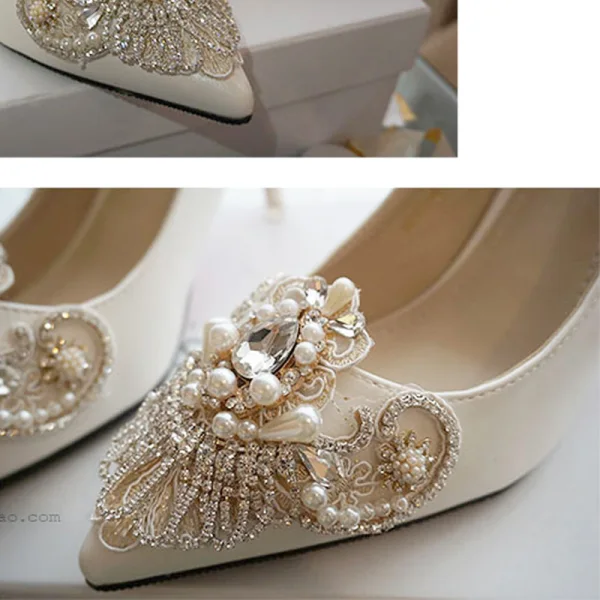 Fashion Ivory Handmade Wedding Shoes 2020 Pearl Rhinestone Lace Flower 10 cm Stiletto Heels Pointed Toe Wedding Pumps