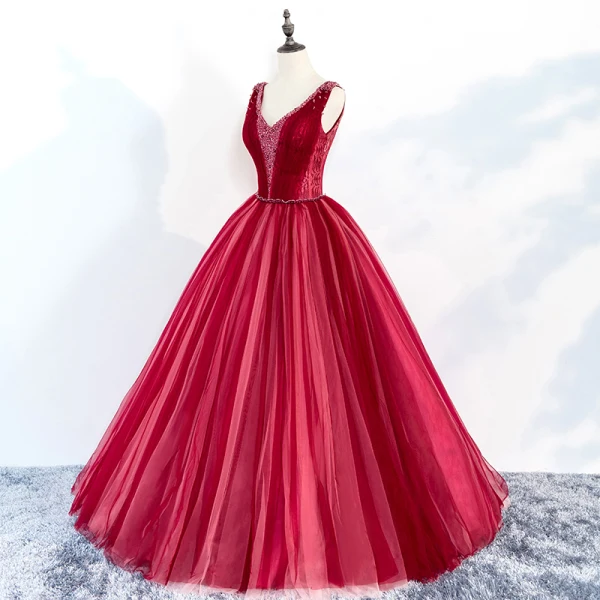 Chic / Beautiful Red Prom Dresses 2018 Ball Gown Beading V-Neck Backless Sleeveless Floor-Length / Long Formal Dresses