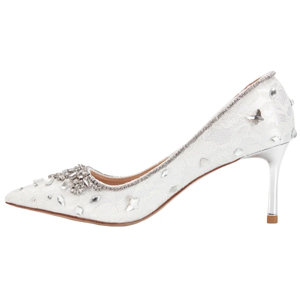 Sjarmerende Elfenben Brudesko 2020 Lær Blonder Rhinestone 7 cm Stiletthæler Spisse Bryllup Pumps