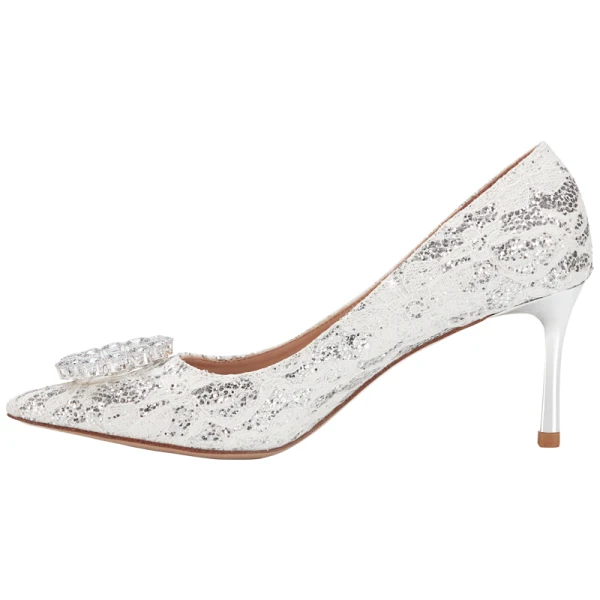 Charming Ivory Wedding Shoes 2020 Lace Rhinestone Sequins 7 cm Stiletto Heels Pointed Toe Wedding Pumps