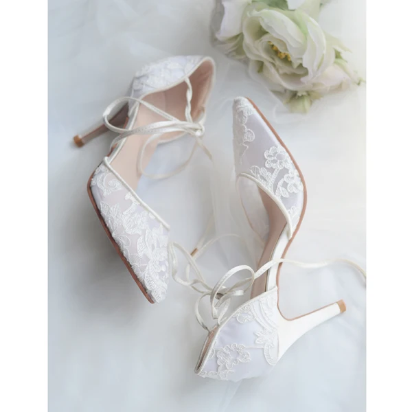 High-end Ivory Wedding Shoes 2020 Tulle Lace Flower Strappy 8 cm Stiletto Heels Pointed Toe Wedding High Heels