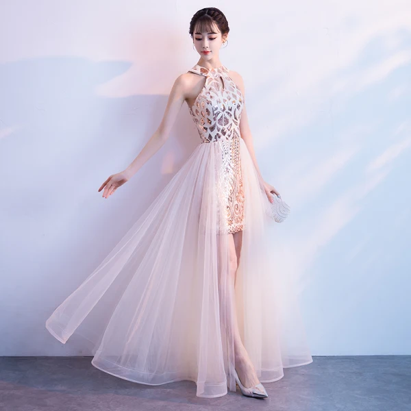 Chic / Beautiful Champagne Evening Dresses 2018 A-Line / Princess Sequins Scoop Neck Sleeveless Floor-Length / Long Formal Dresses