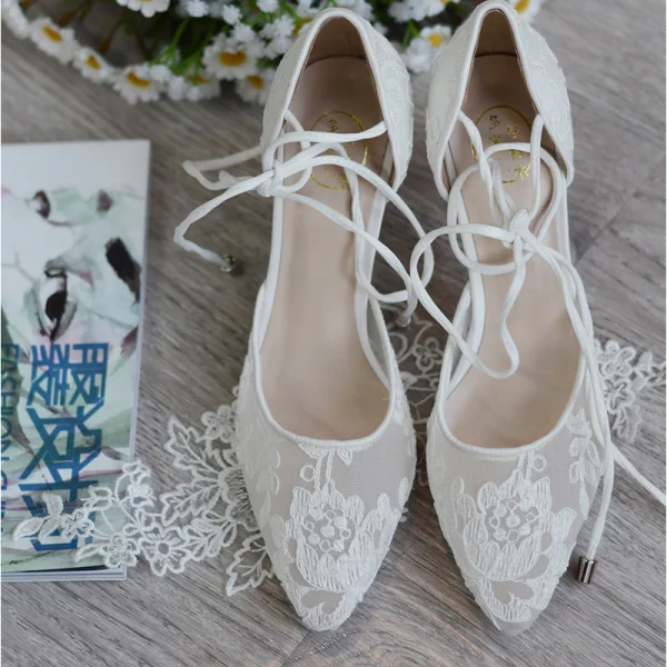 High-end Ivory Handmade Wedding Shoes 2020 Leather Tulle Lace Flower 8 cm Stiletto Heels Pointed Toe Wedding High Heels