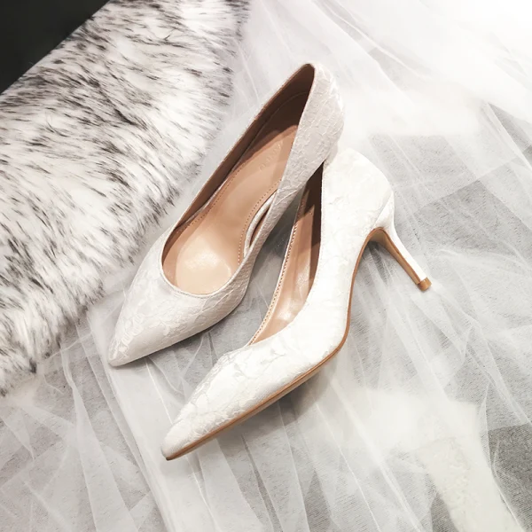 Chic / Beautiful Ivory Wedding Shoes 2020 Tulle Lace 7 cm Stiletto Heels Pointed Toe Wedding Pumps