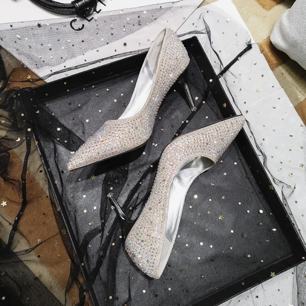 Uroczy Srebrny Kryształ Buty Ślubne 2020 Rhinestone 7 cm Szpilki Szpiczaste Ślub Czółenka