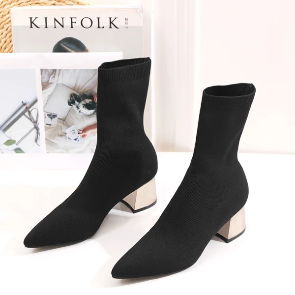 Stilig Svart Casual Flette Kvinners støvler 2020 5 cm Tykk Hæler Spisse Boots