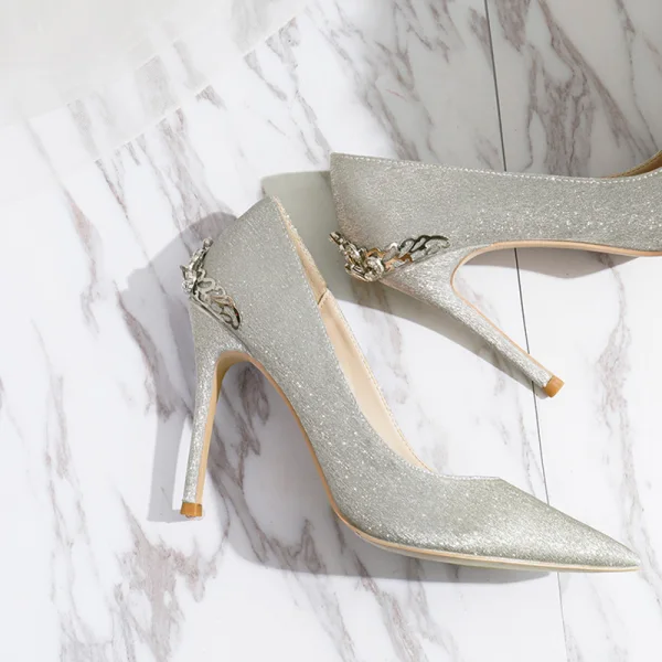Charming Silver Glitter Wedding Shoes 2020 Rhinestone 10 cm Stiletto Heels Pointed Toe Wedding Pumps