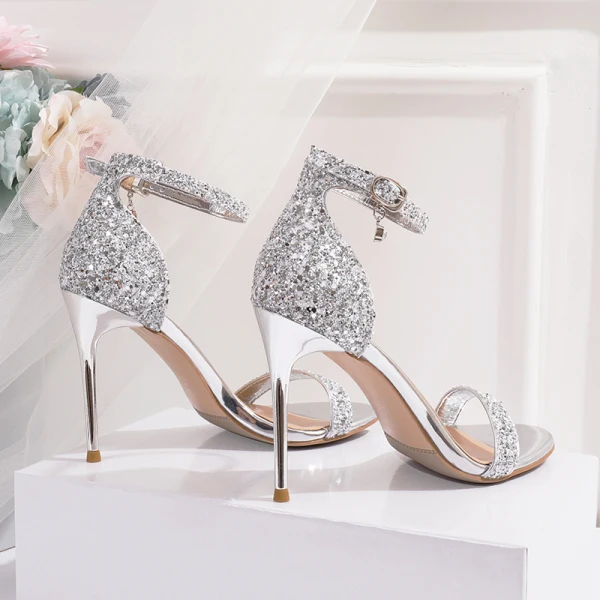 Scintillantes Argenté Soirée Sandales Femme 2020 Paillettes Bride Cheville 10 cm Talons Aiguilles Peep Toes / Bout Ouvert Talons Hauts