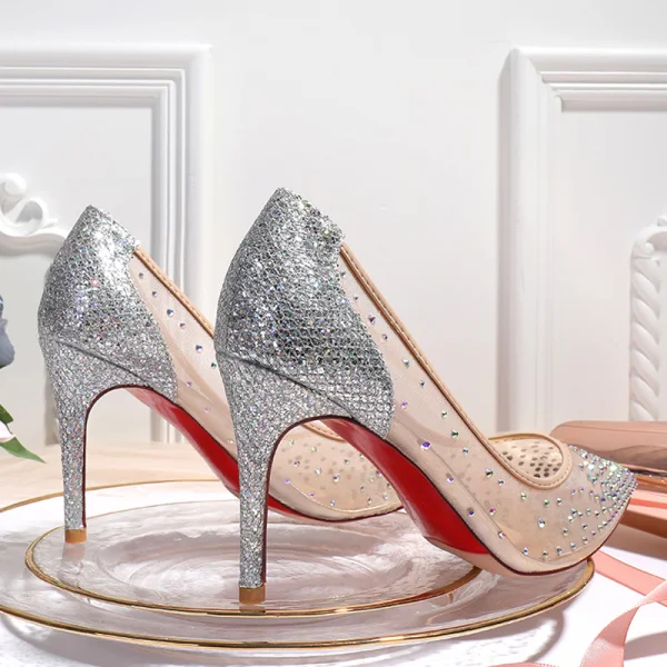 Uroczy Ecru Rhinestone Buty Ślubne 2020 Cekiny 10 cm Szpilki Szpiczaste Ślub Czółenka
