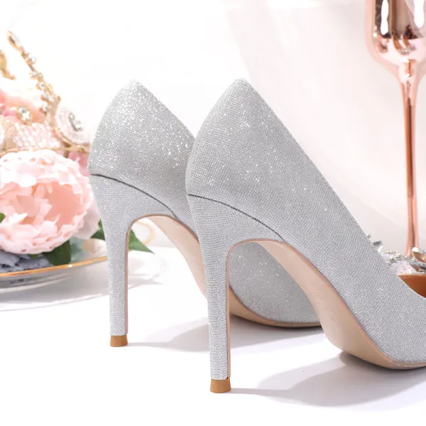 Charmant Silber Glanz Strass Schleife Brautschuhe 2020 Pailletten 10 cm Stilettos Spitzschuh Hochzeit Pumps