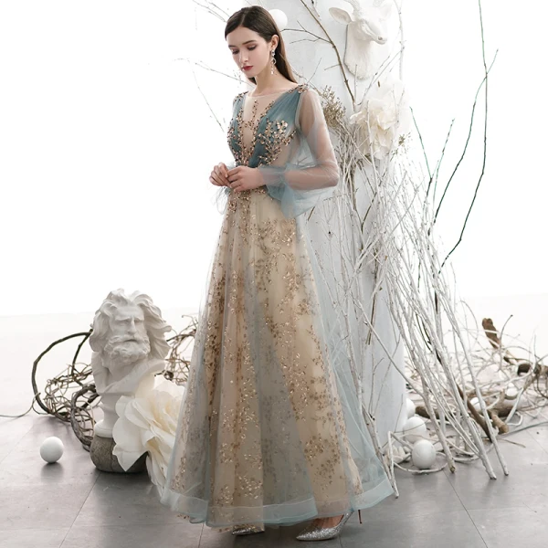 Elegant Champagne Lace Flower Sequins Prom Dresses 2021 A-Line / Princess Scoop Neck Long Sleeve Backless Floor-Length / Long Formal Dresses