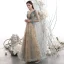Elegant Champagne Lace Flower Sequins Prom Dresses 2021 A-Line / Princess Scoop Neck Long Sleeve Backless Floor-Length / Long Formal Dresses