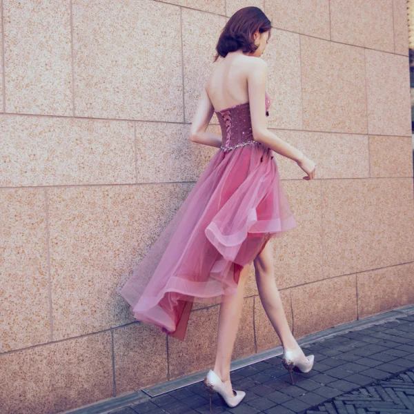 Sexy Fuchsia Cocktailkjoler 2018 Prinsesse Paljetter Appliques Kjæreste Ryggløse Uten Ermer Asymmetrisk Formelle Kjoler