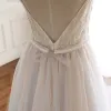 Luxury / Gorgeous Beige Evening Dresses  2020 A-Line / Princess Spaghetti Straps Beading Lace Flower Sequins Sleeveless Backless Bow Floor-Length / Long Formal Dresses