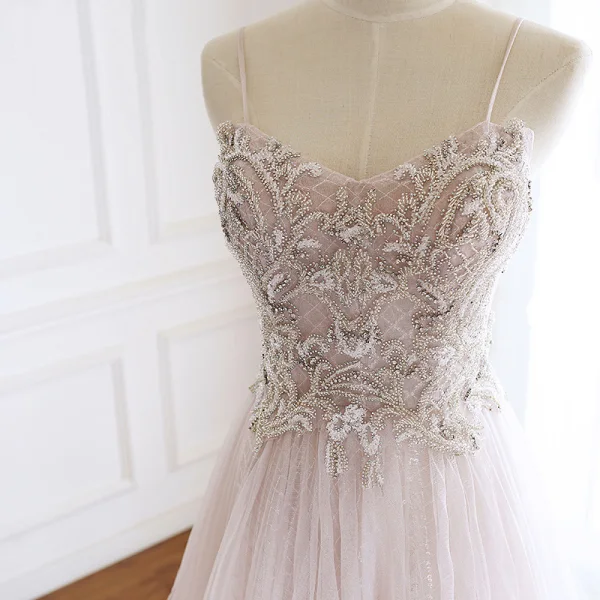 Luxury / Gorgeous Pearl Pink Handmade Beading Evening Dresses 2020 A-Line / Princess Spaghetti Straps Rhinestone Sleeveless Backless Sweep Train Formal Dresses
