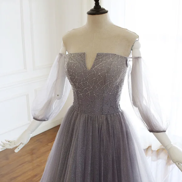 Luxus / Herrlich Grau Violett Glanz Abendkleider 2020 A Linie Off Shoulder Perlenstickerei Strass Pailletten 3/4 Ärmel Rückenfreies Sweep / Pinsel Zug Festliche Kleider