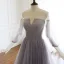 Luxus / Herrlich Grau Violett Glanz Abendkleider 2020 A Linie Off Shoulder Perlenstickerei Strass Pailletten 3/4 Ärmel Rückenfreies Sweep / Pinsel Zug Festliche Kleider