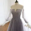 Luxury / Gorgeous Grey Purple Glitter Evening Dresses  2020 A-Line / Princess Off-The-Shoulder Beading Rhinestone Sequins 3/4 Sleeve Backless Sweep Train Formal Dresses