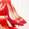 Uroczy Czerwone Buty Ślubne 2020 Perła Rhinestone Kwiat Z Koronki 9 cm Szpilki Szpiczaste Ślub Czółenka