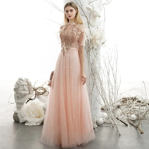 Classy Blushing Pink Feather Lace Flower Prom Dresses 2021 A-Line / Princess V-Neck Beading Rhinestone Sequins Short Sleeve Floor-Length / Long Formal Dresses
