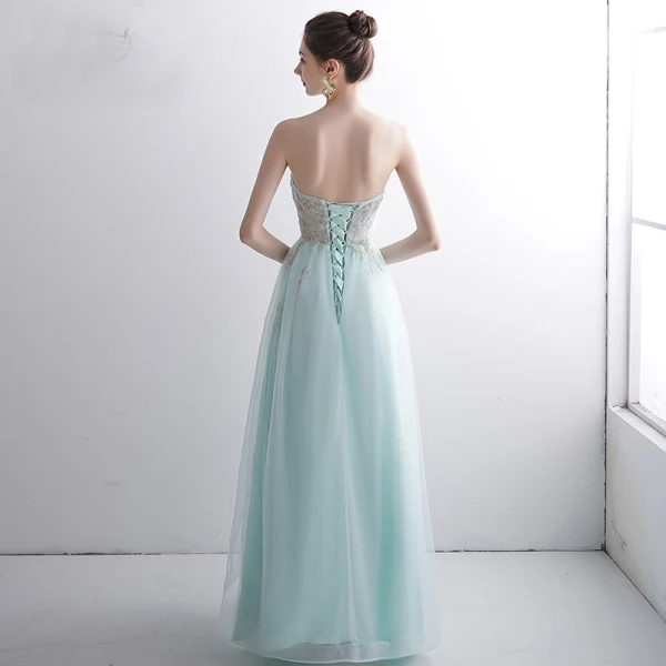 Classy Mint Green Evening Dresses 2020 A-Line / Princess Strapless Beading Lace Flower Sleeveless Backless Floor-Length / Long Formal Dresses