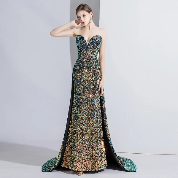 High End Multifarben Abendkleider 2020 Meerjungfrau Bandeau Perlenstickerei Pailletten Ärmellos Rückenfreies Sweep / Pinsel Zug Festliche Kleider