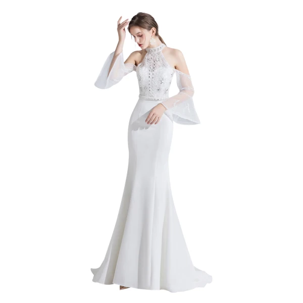 Fashion White Evening Dresses 2020 Trumpet / Mermaid Beading Rhinestone Sequins Lace Flower High Neck Bell sleeves Sweep Train Formal Dresses