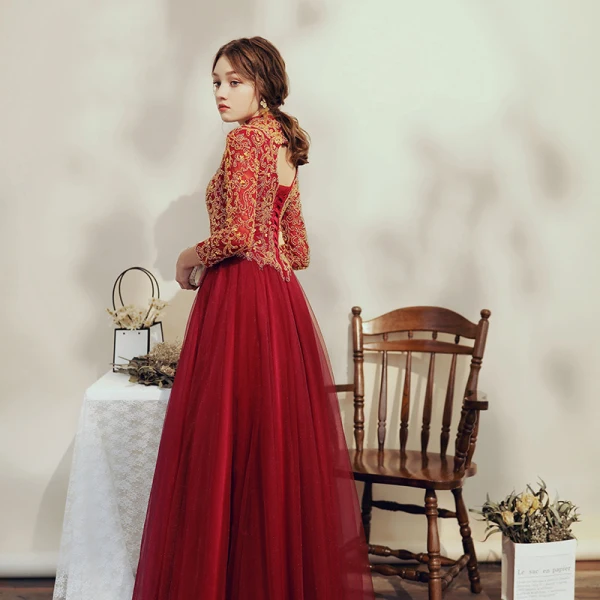 Elegant Burgundy Prom Dresses 2020 A-Line / Princess High Neck Beading Rhinestone Sequins 3/4 Sleeve Backless Floor-Length / Long Formal Dresses