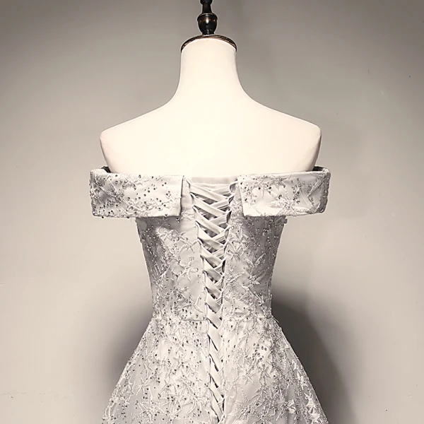 Chic / Beautiful Grey Prom Dresses 2018 A-Line / Princess Star Beading Off-The-Shoulder Backless Sleeveless Floor-Length / Long Formal Dresses