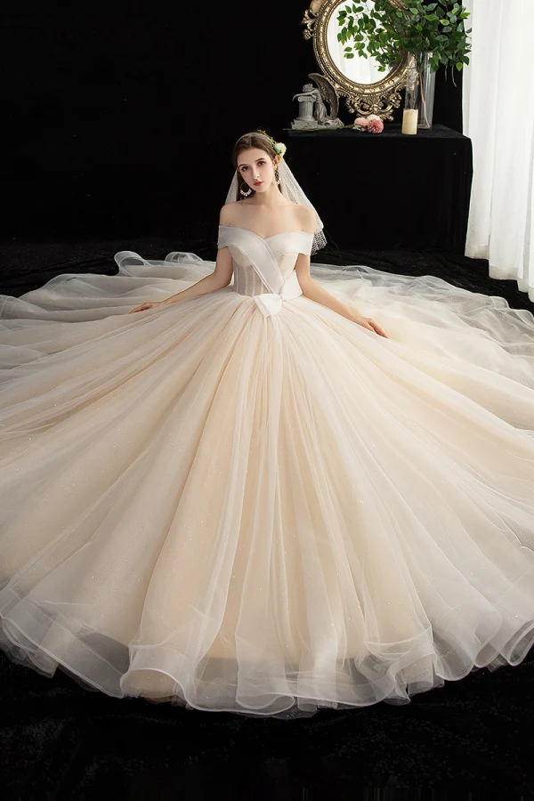 Fashion Champagne Glitter Wedding Dresses 2020 Ball Gown Off-The-Shoulder Bow Short Sleeve Backless Floor-Length / Long