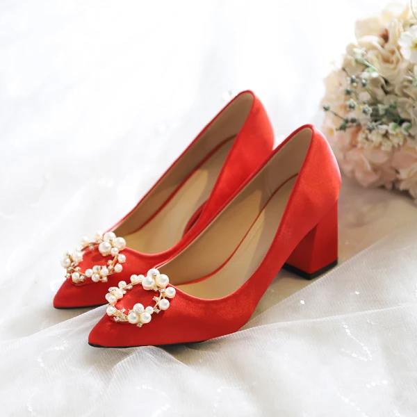 Edles Champagner Satin Brautschuhe 2020 Perle Strass 9 cm Thick Heels Spitzschuh Hochzeit Pumps