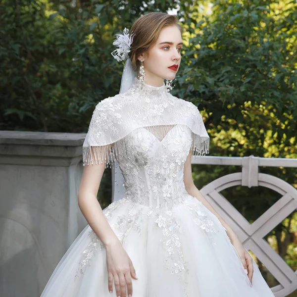 Fashion Ivory Wedding Dresses 2020 Ball Gown High Neck Beading Tassel Sequins Lace Flower Appliques Cap Sleeves Cathedral Train