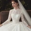Vintage / Retro Chinese style Modest  Ivory Bridal Wedding Dresses 2020 Ball Gown High Neck Pearl Lace Flower Long Sleeve Backless Cathedral Train