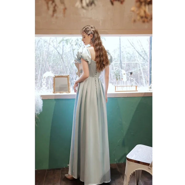 Elegant Sky Blue Satin Homecoming Graduation Dresses Prom Dresses 2021 A-Line / Princess Square Neckline Glitter Sequins Embroidered Short Sleeve Backless Floor-Length / Long