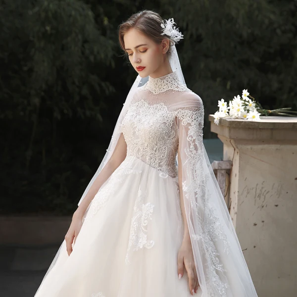 Vintage / Retro Ivory Pregnant Bridal Wedding Dresses 2020 Ball Gown High Neck Beading Appliques Lace Flower Pearl 1/2 Sleeves Backless Watteau Train